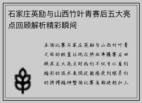 石家庄英励与山西竹叶青赛后五大亮点回顾解析精彩瞬间